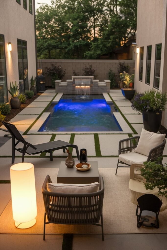 A backyard patio with a modern design. There is a rectangular pool in the background, with its water illuminated by blue lights. In the foreground, there are a few pieces of outdoor furniture, including a lounge chair, a coffee table, and a standing lamp. There are also some potted plants around the patio. The walls around the patio have a few windows. The overall ambiance is warm and inviting.