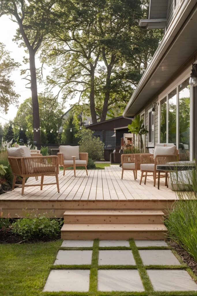 A backyard patio with a wooden deck. The deck has a few chairs and a table set up. There are also plants around the patio. The background contains a house and trees. The lighting is bright.