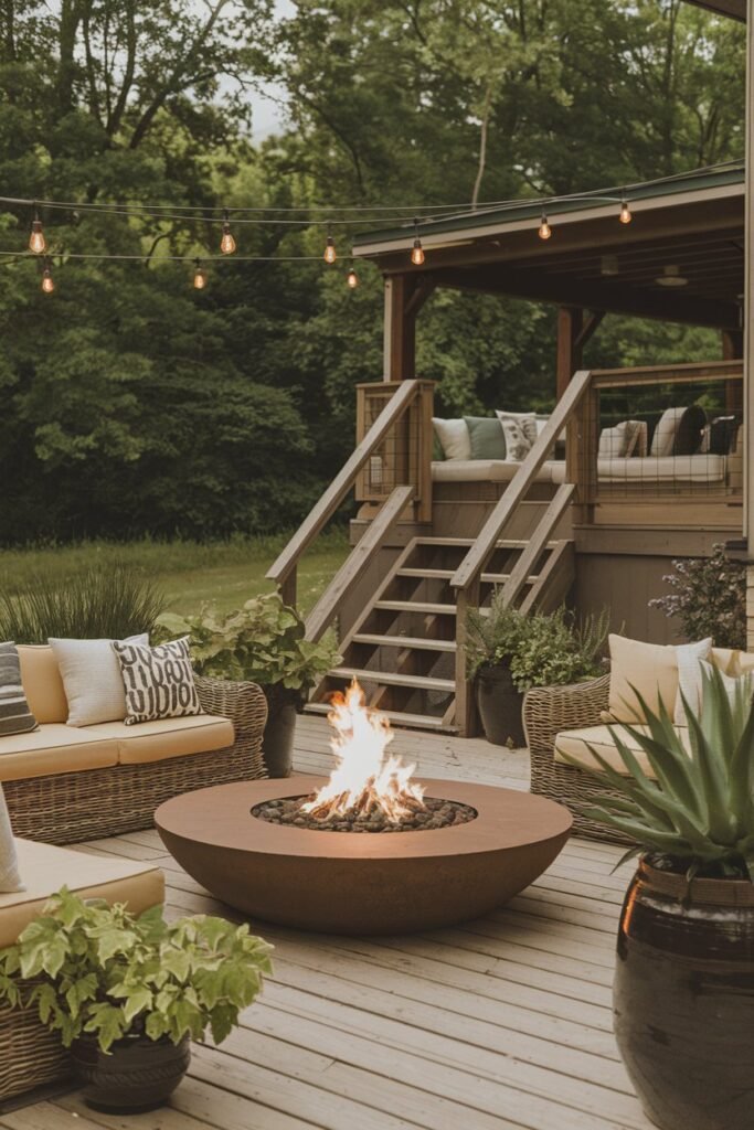 a backyard patio with a large, round fire pit in the center. There are potted plants and a wicker couch around the fire pit. The patio has a wooden deck flooring. There is a wooden ladder leading to a cozy wooden platform with cushions, perfect for relaxing or watching a movie. There are string lights hung overhead. The background is a lush green forest.