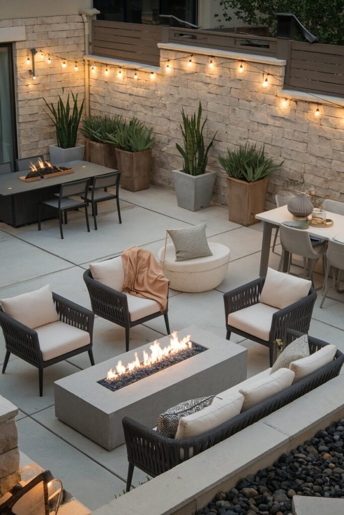 A backyard patio with a modern design. There are several pieces of furniture, including a sofa and a dining set. There is a fire pit in the center, with chairs arranged around it. The walls are made of stone. There are plants in pots scattered around the space. The lighting is warm and inviting, with string lights wrapped around the stone walls.