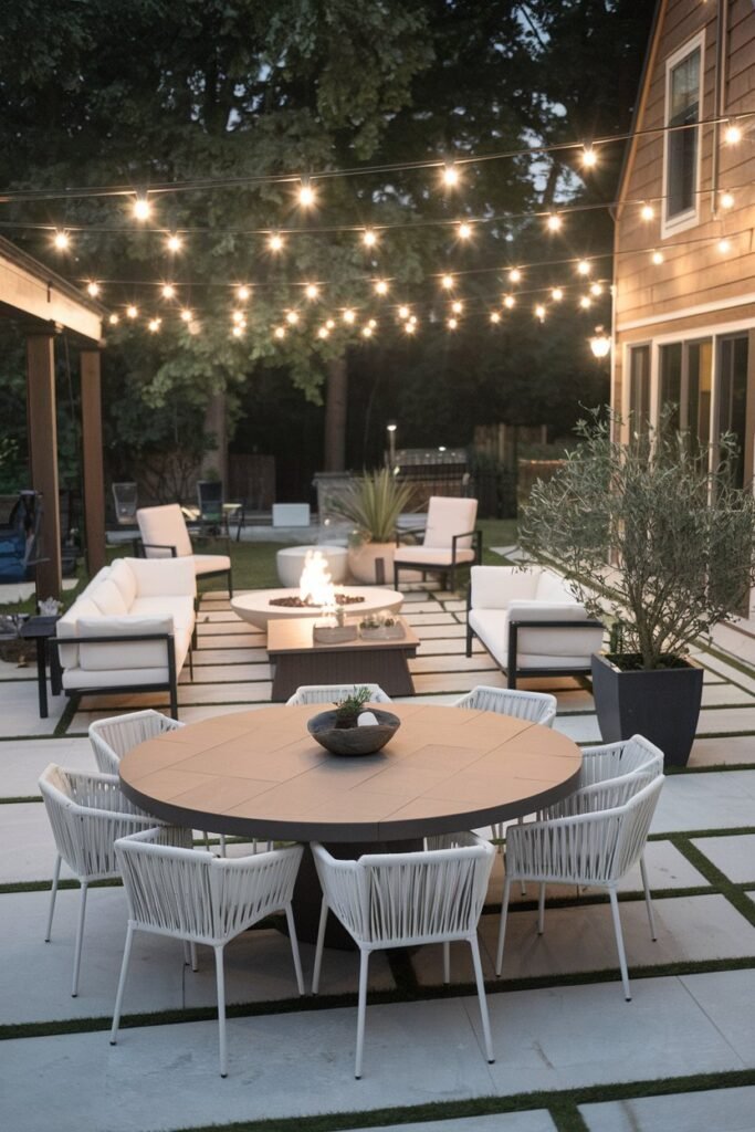 A backyard patio with a modern design. There's a large, round dining table with white chairs. There are also white sofas and a coffee table. A potted plant is placed near the coffee table. The patio is illuminated by string lights hung across the patio. There's a fire pit with chairs placed around it. The background reveals a house with a wooden exterior.