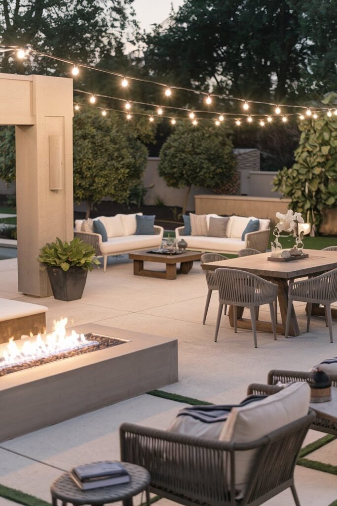 a backyard patio with a modern design. There is a fire pit, a dining area with a wooden table and chairs, and a lounge area with a sofa and coffee table. The patio is illuminated by string lights. There is a potted plant near the lounge area. The background contains trees and a wall.