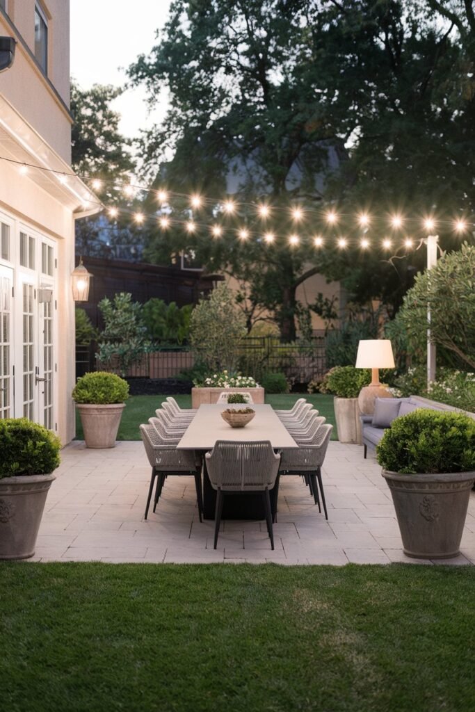 a backyard patio. There is a long table with chairs placed on the grass. There are potted plants and a lamp near the entrance. The patio is illuminated by a string of lights above the table. The background contains a building and trees.
