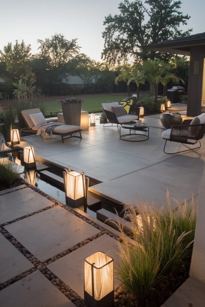 A backyard patio with a modern design. There is a concrete patio floor with a few pavers. There are a few pieces of modern furniture, including a lounge chair and a small table. The patio is illuminated with several floor lamps. There are tall plants and a small water feature near the patio. The background has a few trees.