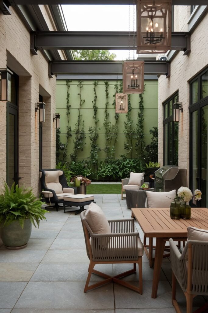 A backyard patio design with elegant furniture, lush gardening, and modern lighting. In the foreground, there's a teak outdoor dining table with beige cushions and a few chairs. To the left, there's a lounging chair with an ottoman. The patio flooring is made of grey tiles. The walls are made of beige bricks. The area is lit up with several modern lanterns hanging from the ceiling. There are also a few potted plants on the floor. In the background, there's a green wall with vines growing up.
