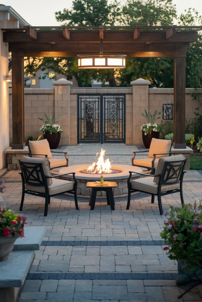 a backyard patio with a modern design. There's a fire pit in the center with chairs surrounding it. There's a wooden structure with a light fixture above the fire pit. The patio has paver stones. There are plants in pots around the patio. The background has a wall with a gate. The lighting is warm.