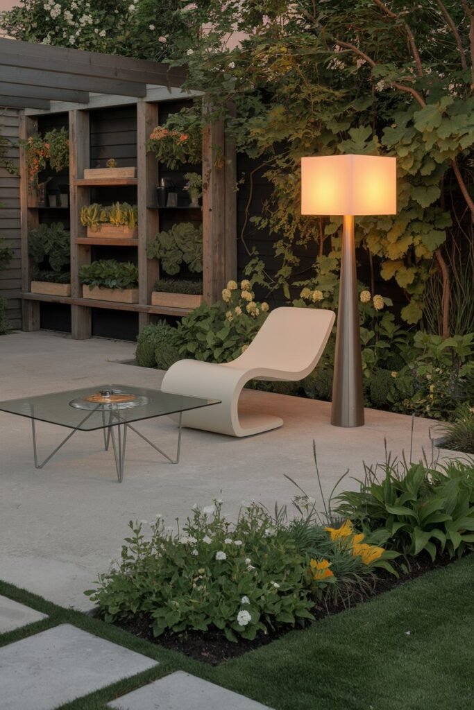 a backyard patio design with lightning, furniture, and gardening. The patio is made of concrete and is surrounded by a lush garden with green plants and flowers. There is a modern, white lounge chair and a glass-top table with metal legs in the middle of the patio. A tall, indoor-style floor lamp with a white shade stands near the lounge chair. The background contains a wooden structure with shelves and potted plants. The overall ambiance of the photo is serene and inviting.