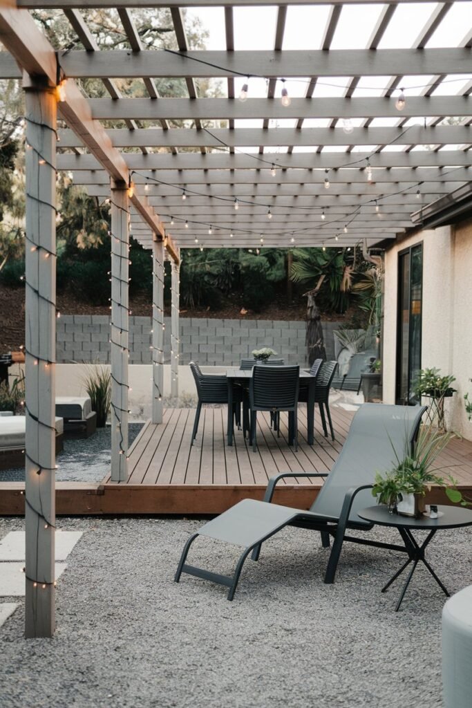 a backyard patio with a modern design. There's a wooden deck with a pergola, which has string lights wrapped around its posts. There are a few pieces of outdoor furniture, including a dining table and chairs, a lounge chair, and a small table with a plant. The ground is covered with gravel. There's a potted plant near the lounge chair. The background contains a wall and some trees.