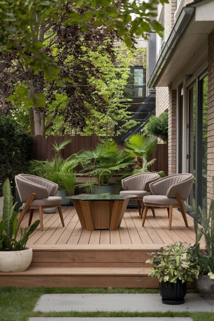 A backyard patio design with modern furniture and lush greenery. There is a wooden deck with a few chairs and a table made of teak. The table has a glass top and is placed on the deck. There are potted plants of various sizes placed around the patio. The background reveals a house with a wall made of bricks. The lighting is soft.