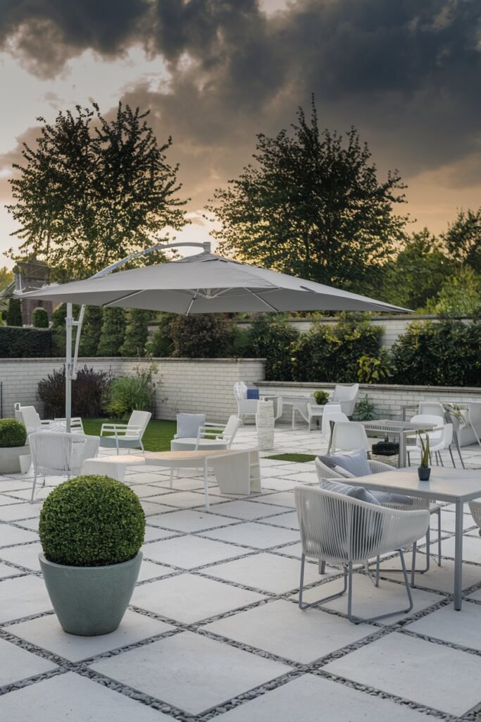 a backyard patio with a modern design. There are multiple white chairs and tables, a gray umbrella, and a white bench. There is also a green potted plant. The patio is paved with white stones. The background houses a few trees and has a brick wall. The sky has dark clouds.
