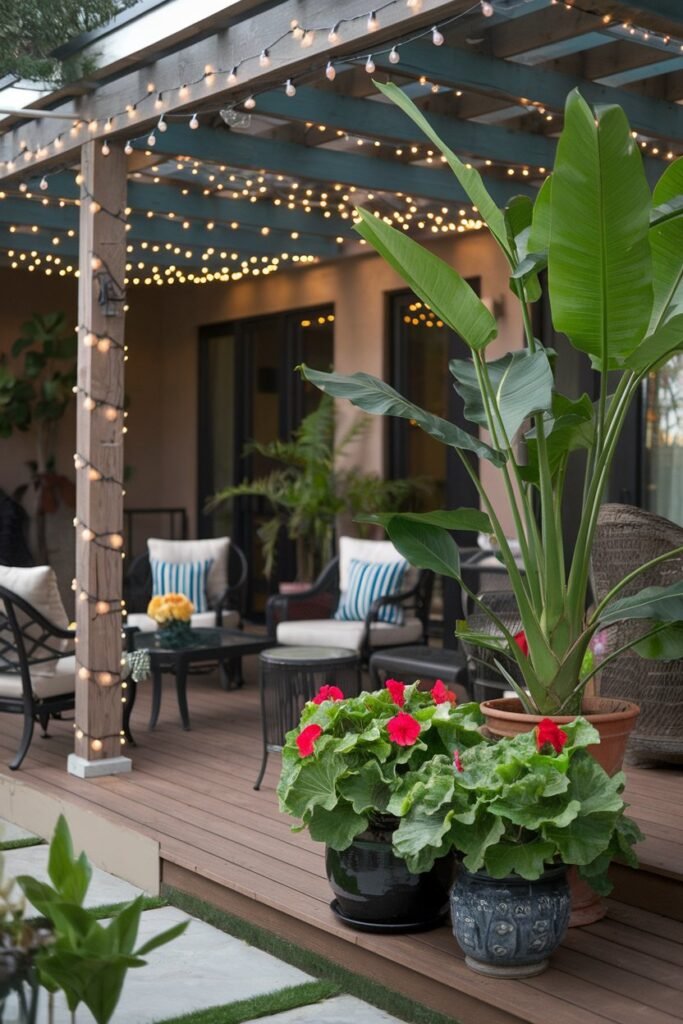 A backyard patio with lightning, furniture, and gardening. There is a wooden deck with a few chairs and a table. There are potted plants with green leaves and bright red flowers. There is a tall plant with large green leaves. There is a string of fairy lights wrapped around a wooden beam. The background contains a wall and a door.