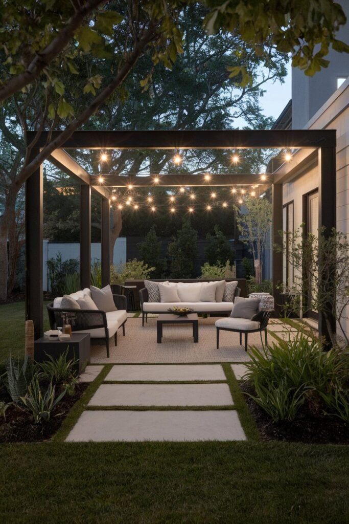 A backyard patio with a modern design. The patio is illuminated by a few lights hanging from the trees. There are comfortable furniture pieces, including a sofa and chairs, placed on the patio. A small table is placed near the sofa. The patio is surrounded by lush green plants and trees. The background reveals a house with a minimalist design.