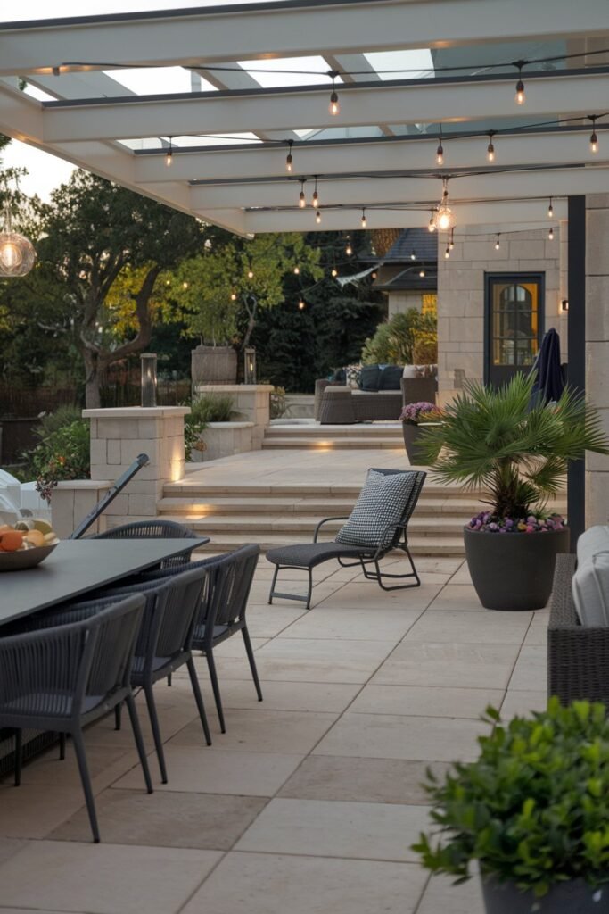 a backyard patio with a modern design. There's a dining table with chairs, a lounge chair, and a potted plant. The patio is illuminated by several hanging lights. The background reveals a house with a few steps leading up to the patio.