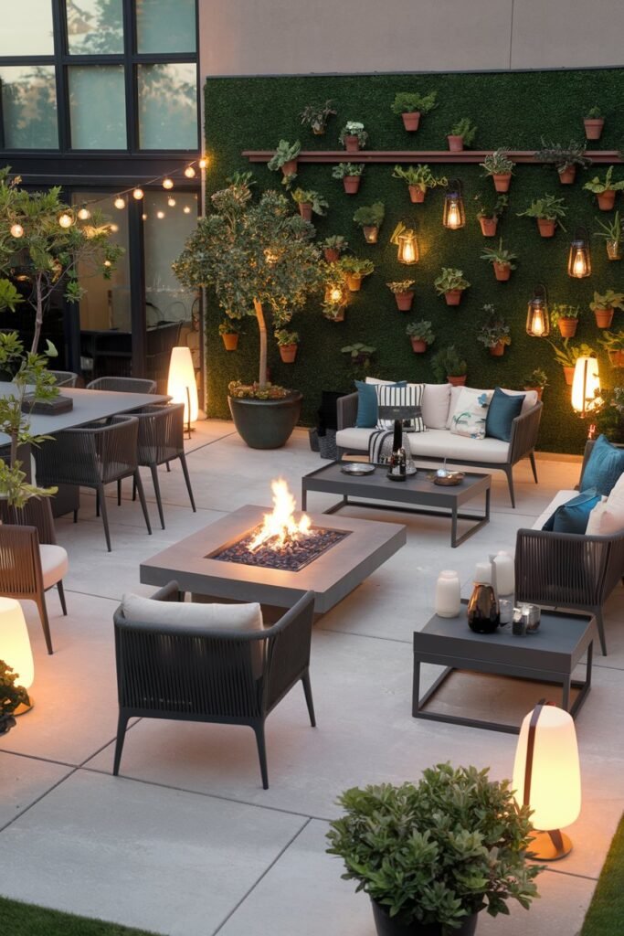 a backyard patio with modern furniture, a fire pit, and a green wall. There are potted plants and trees scattered around the patio. The patio has a sleek, minimalist design with a few pieces of furniture, including a dining table, chairs, a sofa, and a coffee table. There is a fire pit with a few logs burning. The green wall is made of potted plants and has a few hanging lanterns. The lighting is warm and inviting, with several floor lamps and string lights. The background reveals a modern house with large windows.