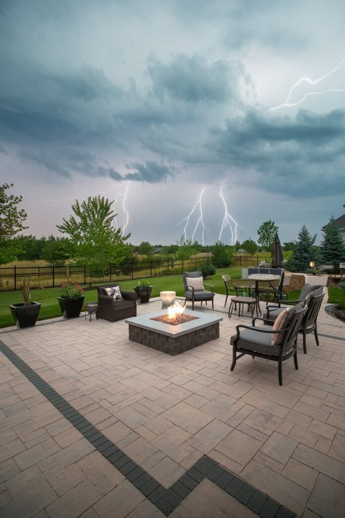 A backyard patio with a modern design. There is a large rectangular paver patio with a fire pit in the center. A few chairs and a table are placed on the patio. There are potted plants and a few trees in the background. The sky is cloudy, and there are lightning bolts striking in the background.