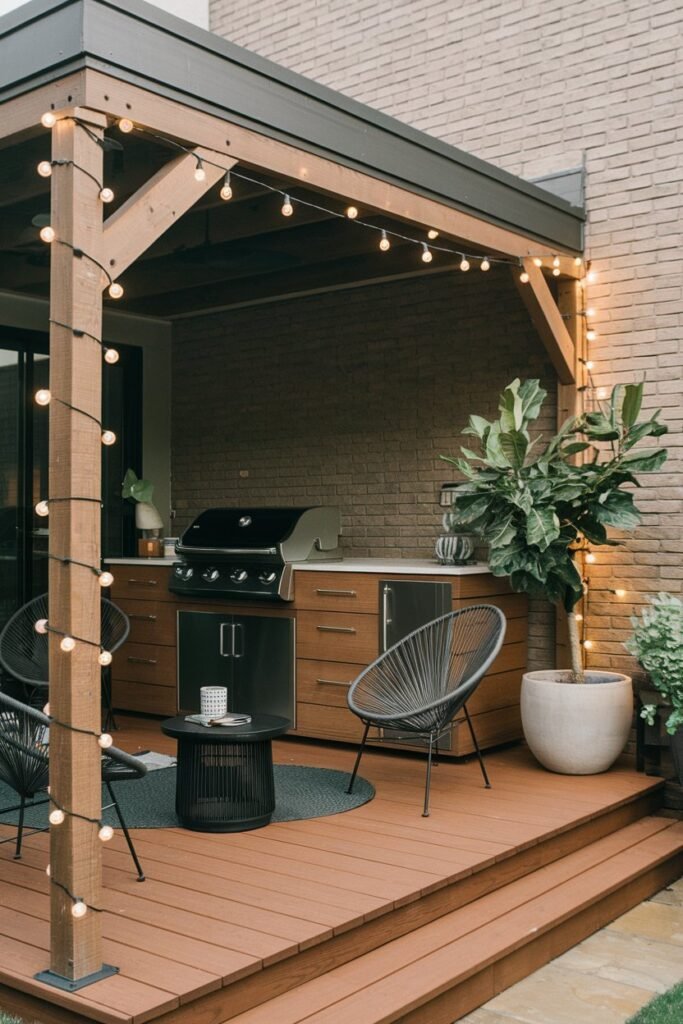 A backyard patio with a modern design. There's a wooden deck with a built-in grill, a few chairs, and a small table. There's a potted plant near the corner. A string of fairy lights is wrapped around the wooden posts, with some lights hanging down. The background wall has a brick texture. The floor is made of wood.