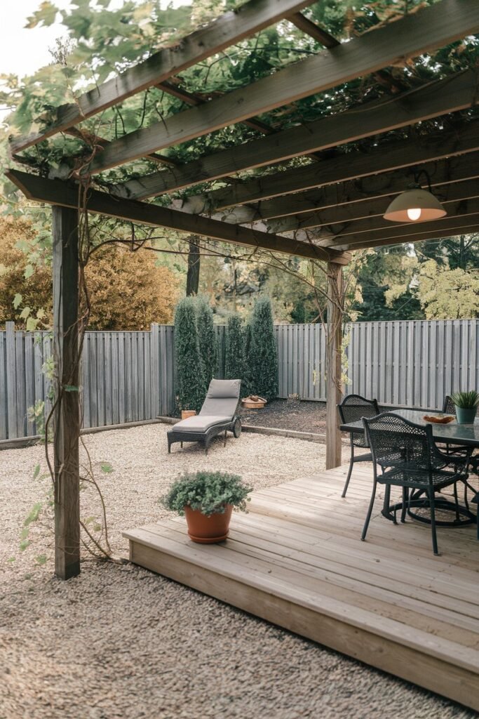 a backyard patio with a wooden deck and a few pieces of outdoor furniture. There is a table with chairs, and a lounge chair near a potted plant. A pergola with vines covers part of the patio. The ground is covered with gravel. The background contains a fence and trees. The lighting is from a lamp hanging above the table and the pergola.