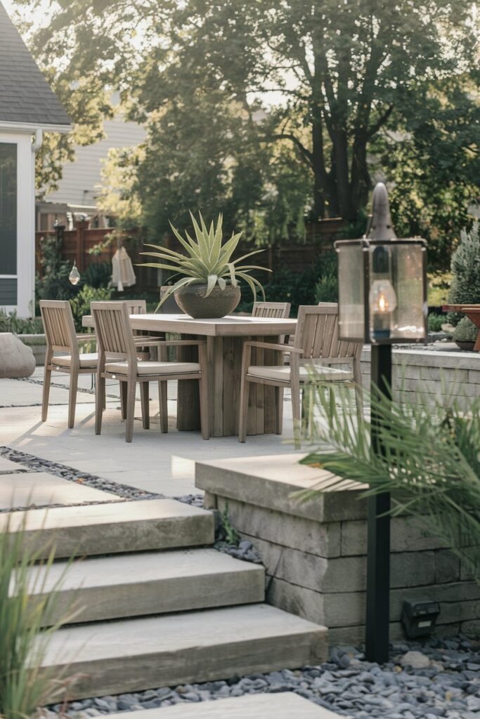 a backyard patio with a modern design. There is a wooden dining table with chairs in the center. A potted plant is placed on the table. A lamp post with a lantern is near the table. The ground is covered with small stones. There are steps leading to the patio. The background contains a house and trees.