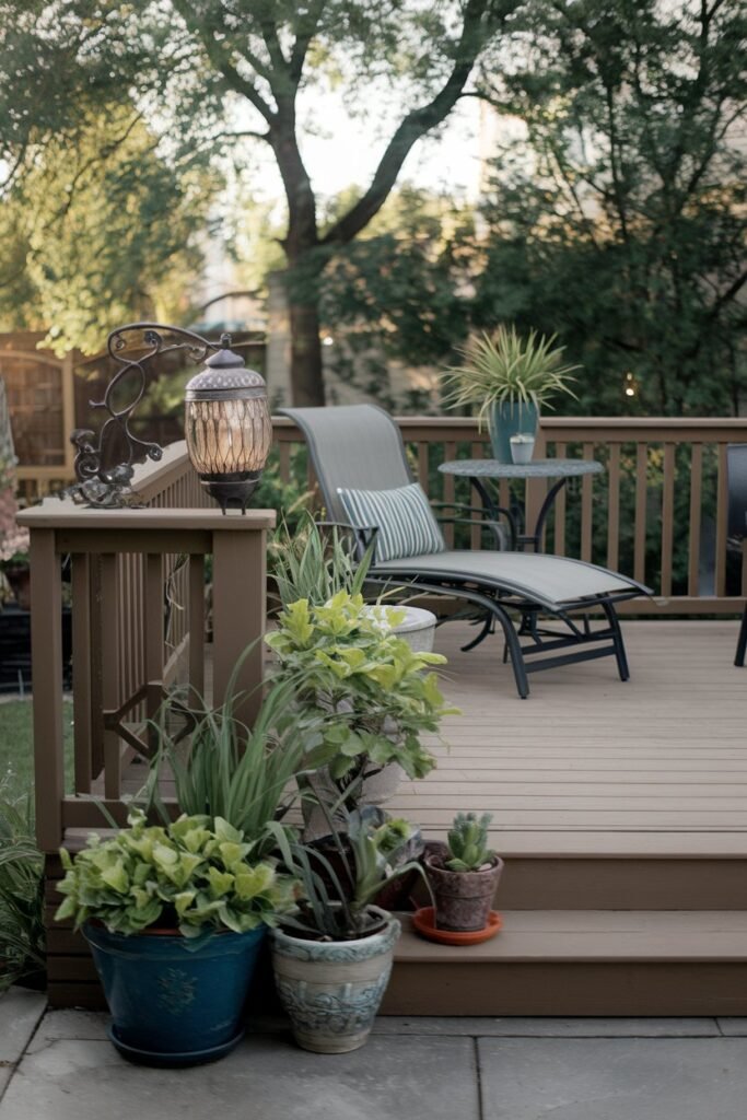 a backyard patio with furniture and gardening elements. There is a wooden deck with a railing. A lounge chair and a table with a plant are placed on the deck. A decorative lamp with a lantern shade is placed near the railing. There are potted plants of various sizes near the deck. The background contains trees and a building. The lighting is soft.