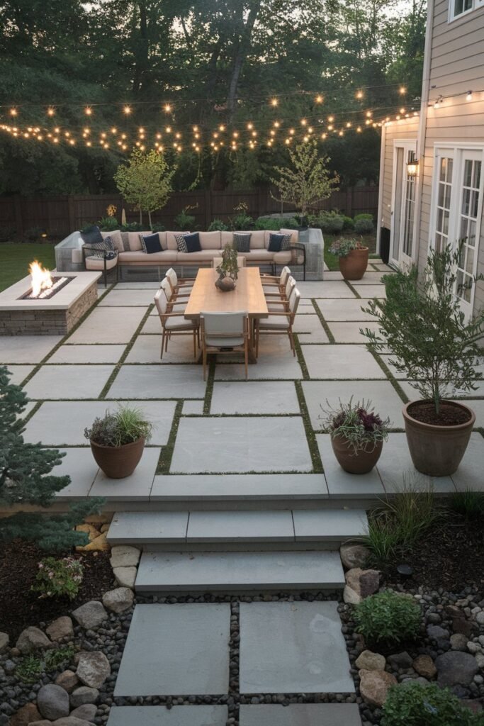 A backyard patio with a modern design. There is a large wooden table with chairs. There is a fire pit in the corner. There are potted plants and trees around the patio. There is a stone path leading to the patio. The patio is illuminated by string lights.
