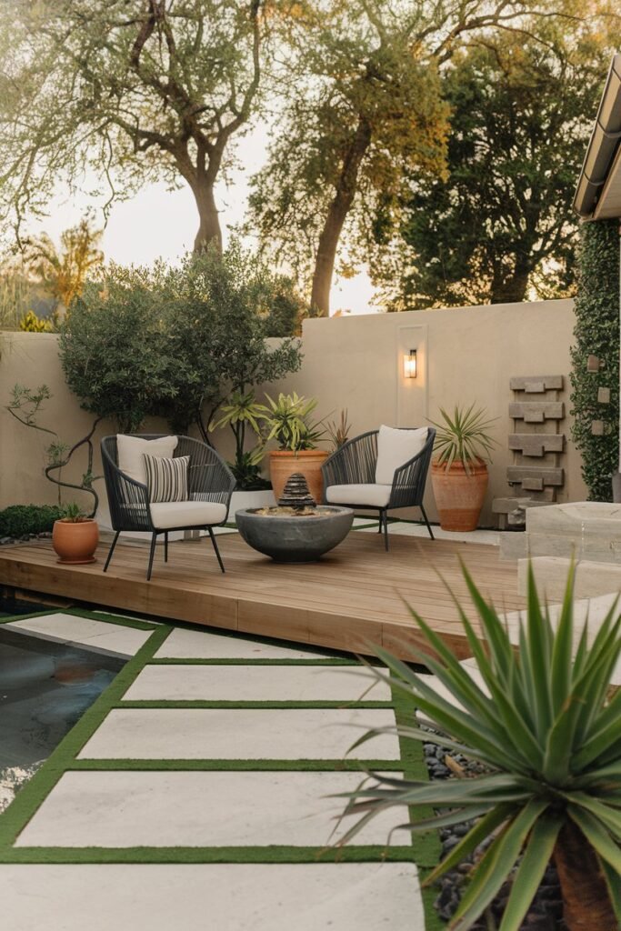a backyard patio with a modern design. There is a wooden deck with a few chairs and a table. There are potted plants and a small water fountain. The background contains trees and walls. The lighting is warm and soft.