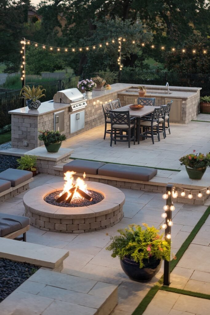 a backyard patio with a modern design. The patio features a large, round fire pit with seating around it. There is a built-in barbecue and a dining table with chairs. A few potted plants add a touch of greenery. The patio is illuminated by string lights wrapped around the posts and hanging over the dining area.