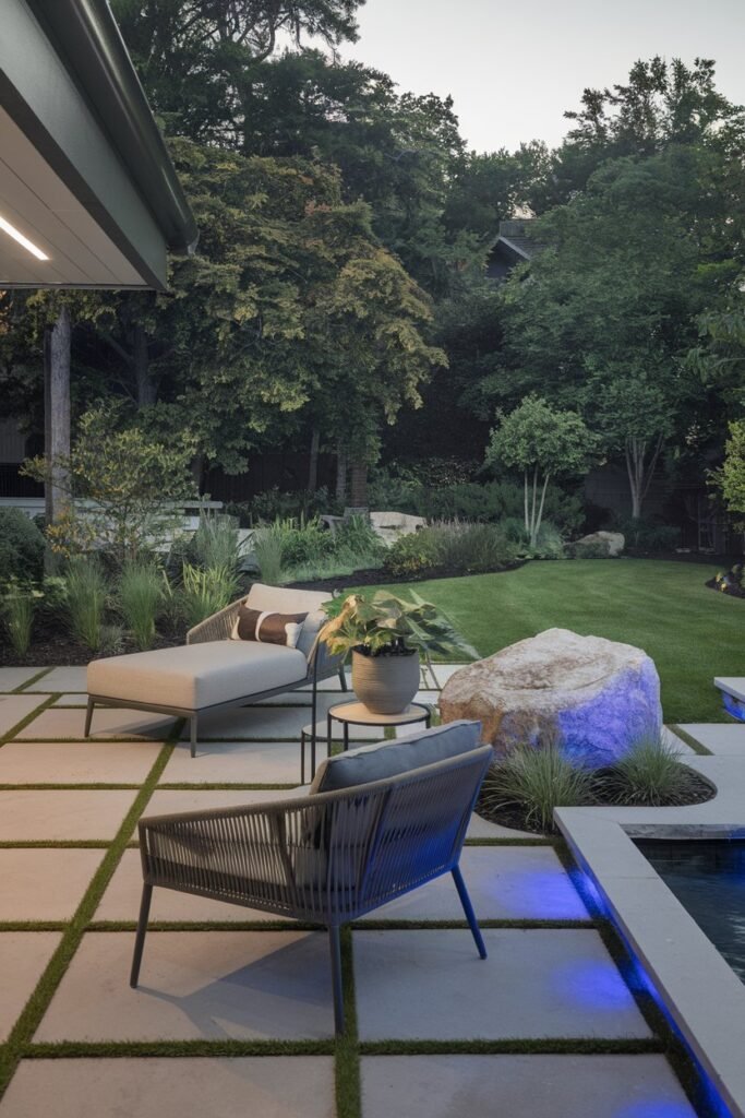 a backyard patio with a modern design. There is a lounge chair and a small table with a potted plant. There is a large rock near the lounge chair. The patio is illuminated with blue lights. The background reveals a lush green garden with various plants and trees.