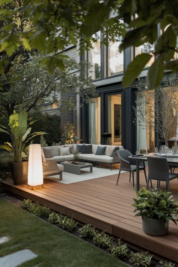 A backyard patio with a modern design. The patio has a wooden deck floor and is surrounded by lush greenery. There's a comfortable sofa, a coffee table, and a dining set placed on the deck. A tall lamp provides soft lighting. There's a potted plant next to the lamp. The background reveals a house with large windows.