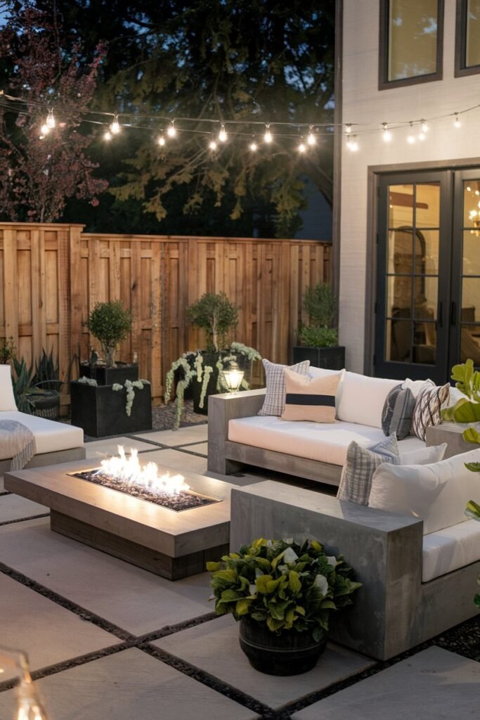 a backyard patio with a modern design. There is a sofa and a coffee table made of concrete and wood. There are also potted plants and a fire pit. The patio is illuminated by hanging lights. The background has a wooden fence and a door.