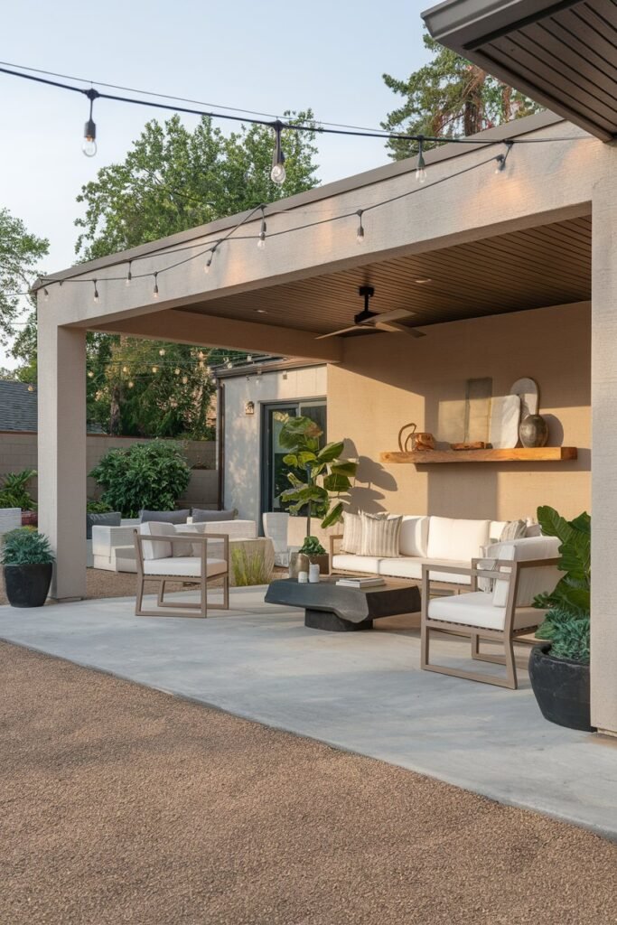 a backyard patio with a modern design. The patio has a concrete floor and is furnished with a white sofa, a few chairs, and a coffee table. There's a green plant near the sofa. The wall behind the sofa has a wooden shelf with a few decorative items. The area is illuminated by a few hanging lights. The background contains a house and a few trees. The ground is covered with gravel.