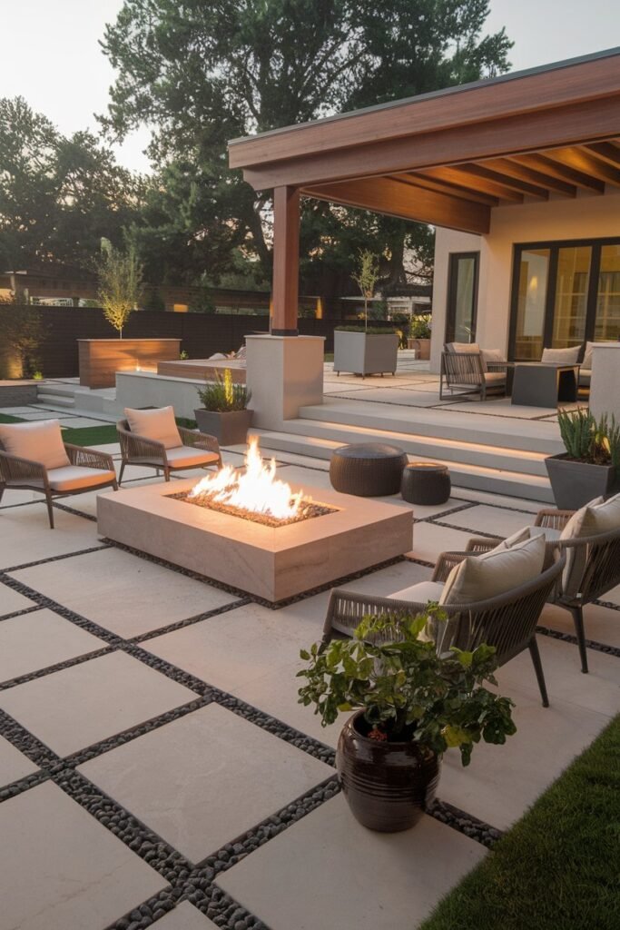 A backyard patio with a modern design. There is a large fire pit in the center, surrounded by comfortable lounge chairs. A few potted plants are placed around the space. A wooden pergola covers part of the patio. The lighting is warm and inviting. The background contains a few trees.