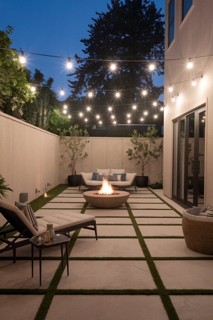 A backyard patio with a modern design. There is a lounge chair and a small coffee table near the wall. A potted plant is placed near the wall. There is a fire pit in the center of the patio. The patio is illuminated by string lights hanging overhead.