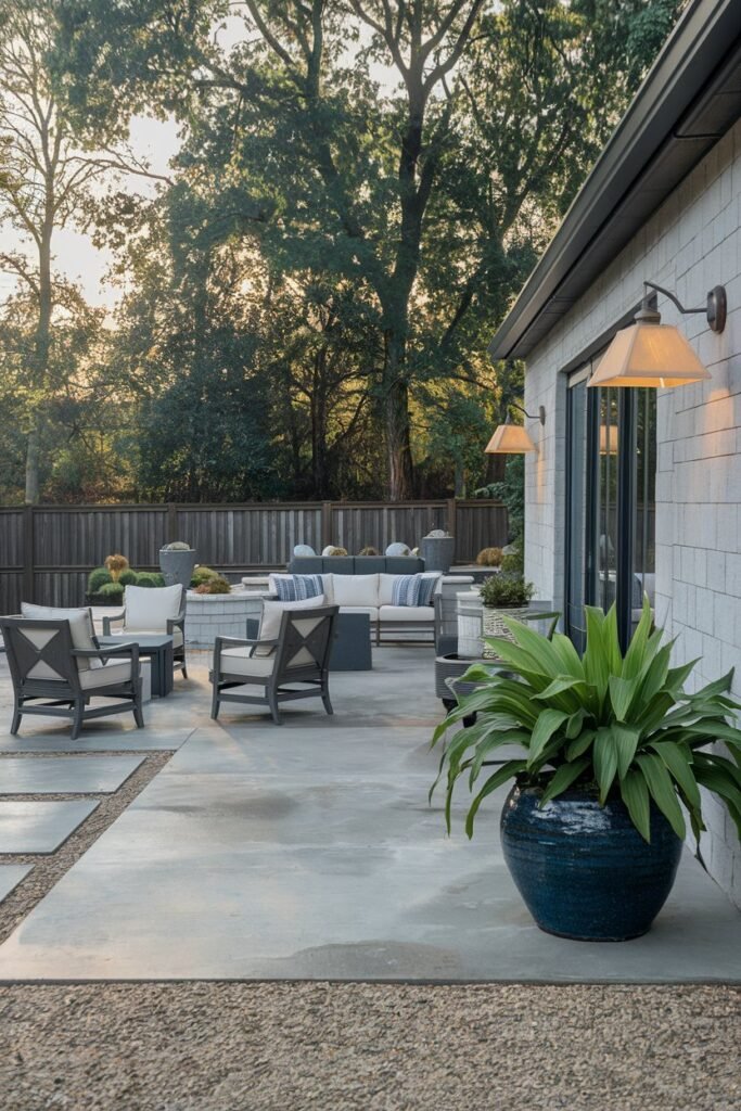 a backyard patio with a modern design. The patio is made of concrete and has a few pieces of furniture, including a table and chairs. There is a large potted plant near the wall. The wall has a few lamps with shades. The ground is covered with gravel. The background contains a fence and trees.