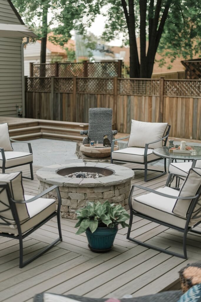 a backyard patio with a wooden deck and a stone fire pit. There are comfortable outdoor chairs surrounding a glass-topped table. A potted plant sits on the ground. The background reveals a wooden fence and a house. The overall scene has a serene atmosphere.