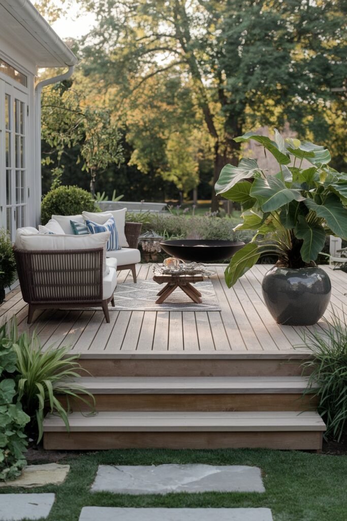 a backyard patio with a wooden deck, outdoor sofa, and a large potted plant. There's a black outdoor fire pit in the background. The deck is surrounded by lush greenery and has a few steps leading down to the grass. The ambiance is cozy and serene.