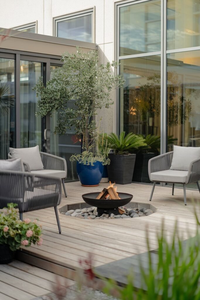 a modern backyard patio with a wooden deck, potted plants, and a few outdoor furniture pieces. There is a small fire pit in the corner, surrounded by stones. The background reveals a building with a few windows. The overall ambiance is serene and inviting.