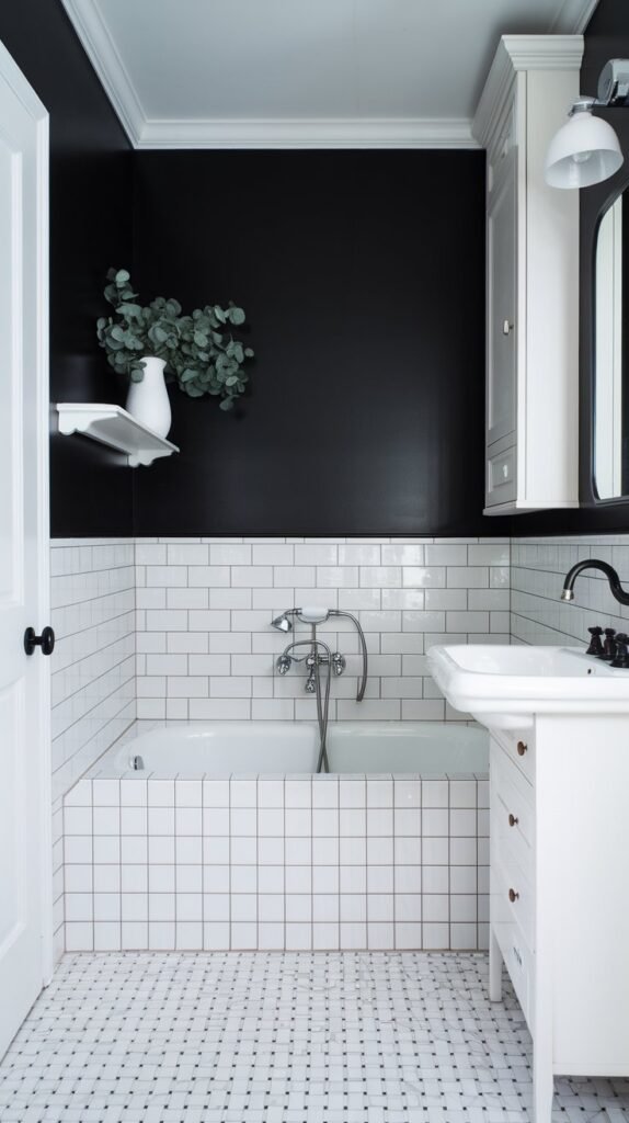 A bathroom with a black accent wall. There is a white bathtub in the corner. Above the tub, there's a white shelf with a white vase and greenery. There is a white sink with a black faucet. The floor is tiled with white and black squares. There is a white door to the left of the sink. The walls have white cabinets and a white light fixture.