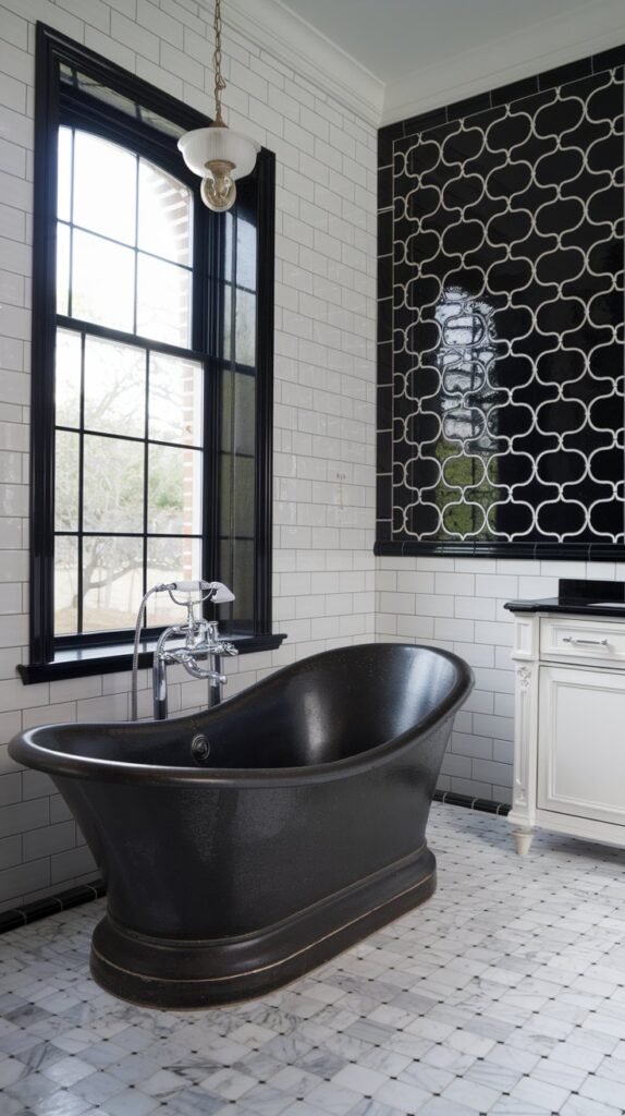 A black and white bathroom with a freestanding bathtub near a window. The bathtub is made of cast iron and has a deep, curved design. The floor is tiled with black and white marble squares. A vintage light fixture hangs over the tub. A white vanity with a black counter sits against one wall. The wall behind the vanity is adorned with a large, black and white patterned tile. The window has a black frame and is surrounded by white tiles.