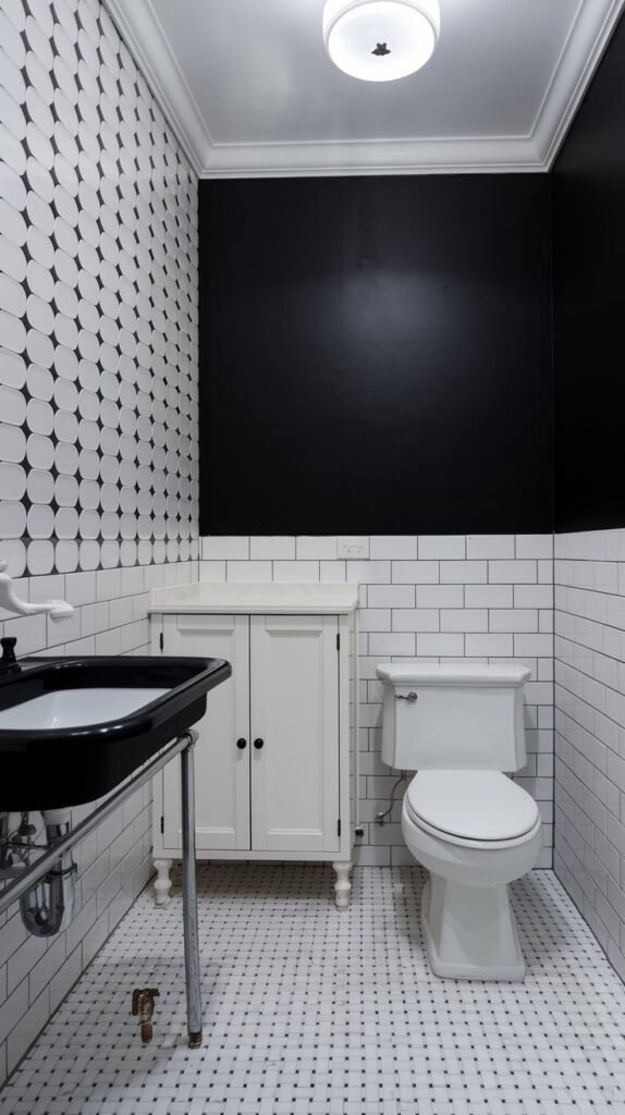 A bathroom with a black accent wall. The wall has a pattern of white tiles with a circular design. There is a white cabinet with black hardware against the black wall. The floor is covered with white and black tiles. There is a white toilet and a black sink with a white faucet. The ceiling has a white light fixture. The room has a white door.