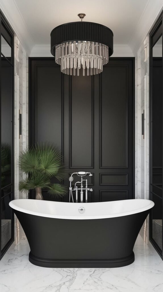 A black and white luxury bathroom with a freestanding tub. There is a small plant near the tub. The room has a chandelier. The floor is made of white marble.