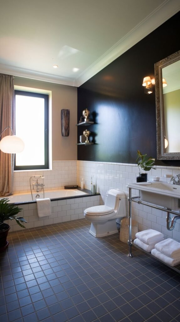 a bathroom with a black accent wall. The room has a large bathtub near the wall, a toilet, a sink with a mirror frame, and a small plant. There is a floor lamp near the bathtub. The floor is tiled with grey and white squares. The room has a window with a curtain. The wall opposite the black wall has a shelf with decorative items.