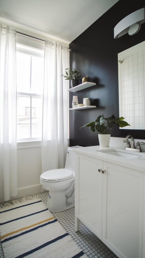 a modern bathroom with a black accent wall. The bathroom has a white vanity, sink, and toilet. Above the white vanity, there's a wall-mounted white light fixture. On the floor, there's a white rug with blue and yellow stripes. The black accent wall has a few white shelves. There's a white plant pot with a green plant on the shelf. The room has a window with white curtains, allowing natural light to enter.