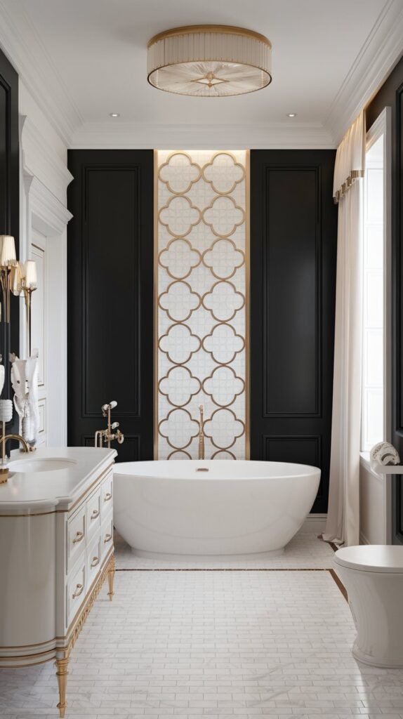 A bathroom with a black accent wall. The wall has a decorative pattern in white and gold. There is a freestanding white bathtub near the wall. The floor is covered with white tiles. There is a gold light fixture overhead. The room has a white vanity with a gold faucet. There are white accessories on the vanity. The room has a window with white curtains.