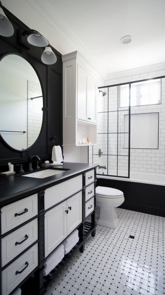 A black and white bathroom with a luxury feel. The room has a vanity with a white sink and a black countertop. There is a black mirror above the sink. The floor is tiled with black and white squares. There is a white toilet and a white bathtub. The room has a black light fixture and a white cabinet. The walls are painted white.