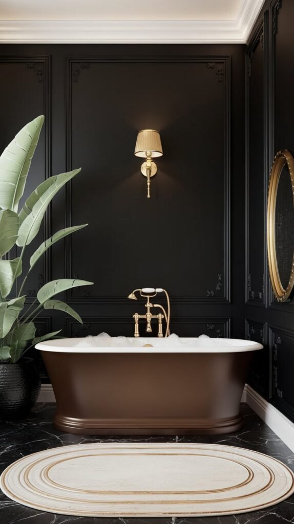 A bathroom with a black accent wall. There is a freestanding bathtub in the middle of the room, with a gold faucet. The bathtub is filled with bubbles. There is a gold lamp on the black wall. The floor is covered with a white rug. There is a large, white plant near the bathtub. The room has a golden, round mirror near the ceiling. The lighting is soft.