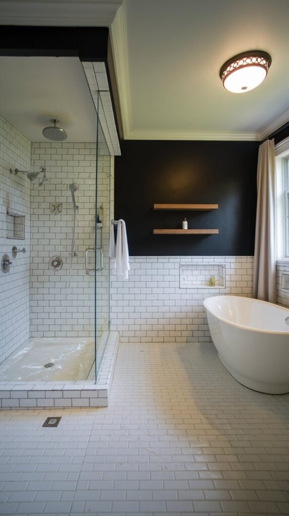 a bathroom with a black accent wall. The room has a walk-in shower with multiple water jets. There's a freestanding bathtub next to the shower. The floor is covered with white tiles. There's a wooden shelf above the bathtub. The room has a window with a curtain. The room is lit by a ceiling light fixture.