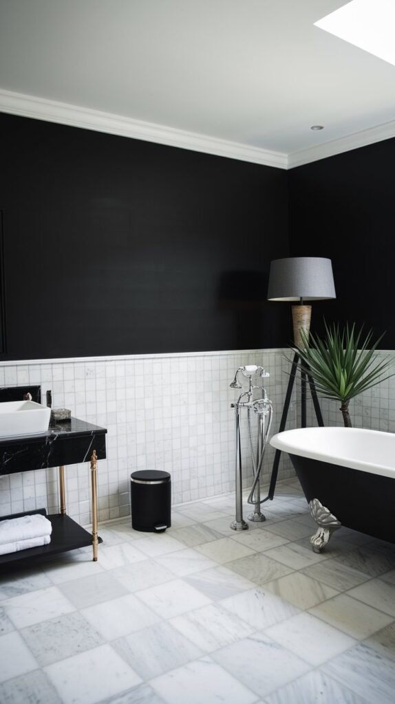 a bathroom with a black accent wall. There's a freestanding bathtub near the wall, along with a standing lamp and a potted plant. The floor is tiled with white and grey marble. The vanity has a white sink and black countertop. There's a black trash can near the vanity. The ceiling is white.