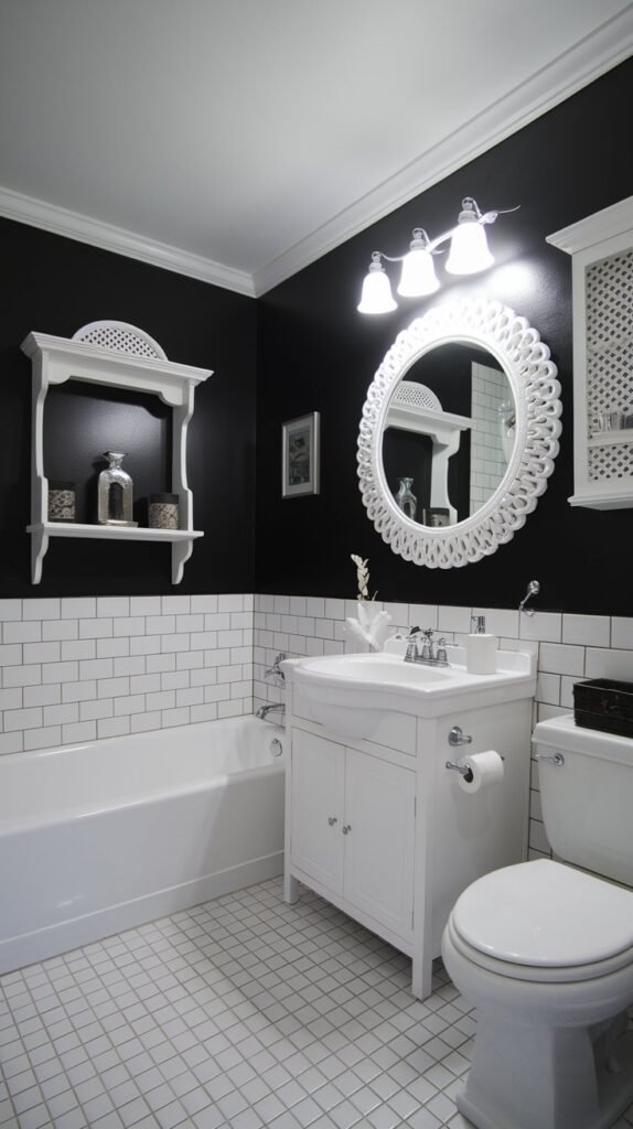 A bathroom with a black accent wall and white fixtures. The black wall is adorned with a large white decorative mirror and white shelf with a few decorative items. There is a white bathtub, sink, and toilet. The floor is covered with white tiles. The lighting is bright.