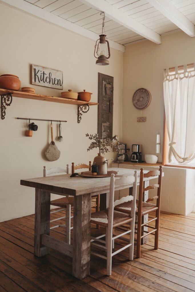 A boho kitchen with a rustic wooden table and chairs. There's a hanging lantern above the table. On the wall behind the table, there's a decorative shelf with pots, a sign that says "kitchen", and a few other items. The floor is made of wooden planks. There's a window with a curtain near the table. The walls are painted beige.