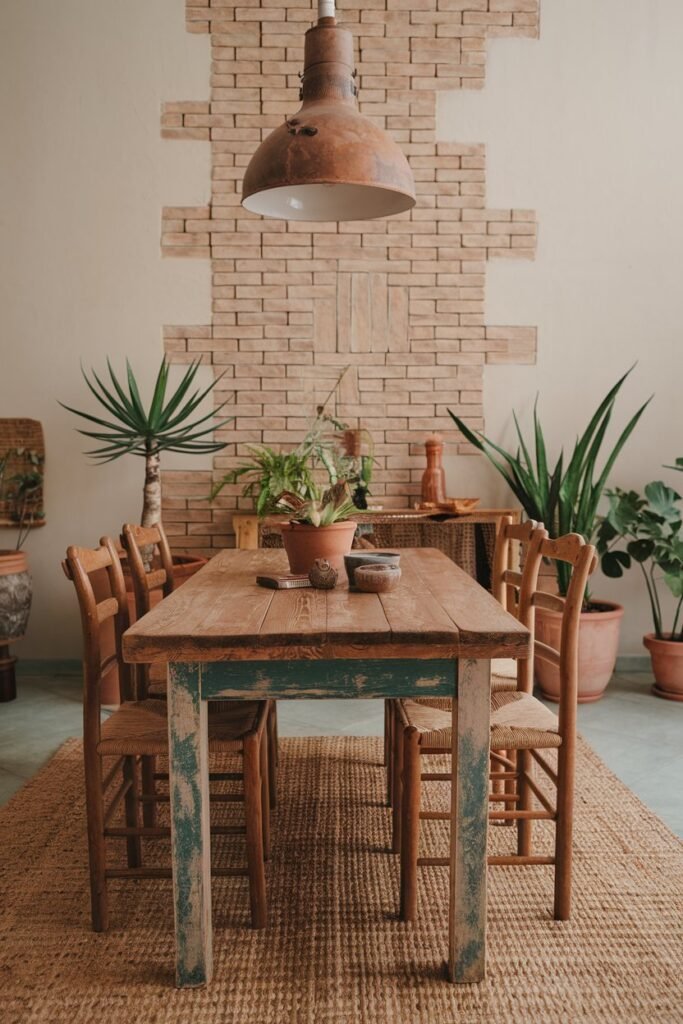 a boho kitchen with a wooden table and chairs. The table has a worn, distressed finish. There are potted plants on the floor. The wall has a brick pattern and is painted beige. There is a large, rustic pendant light hanging over the table. The floor is covered with a woven rug.